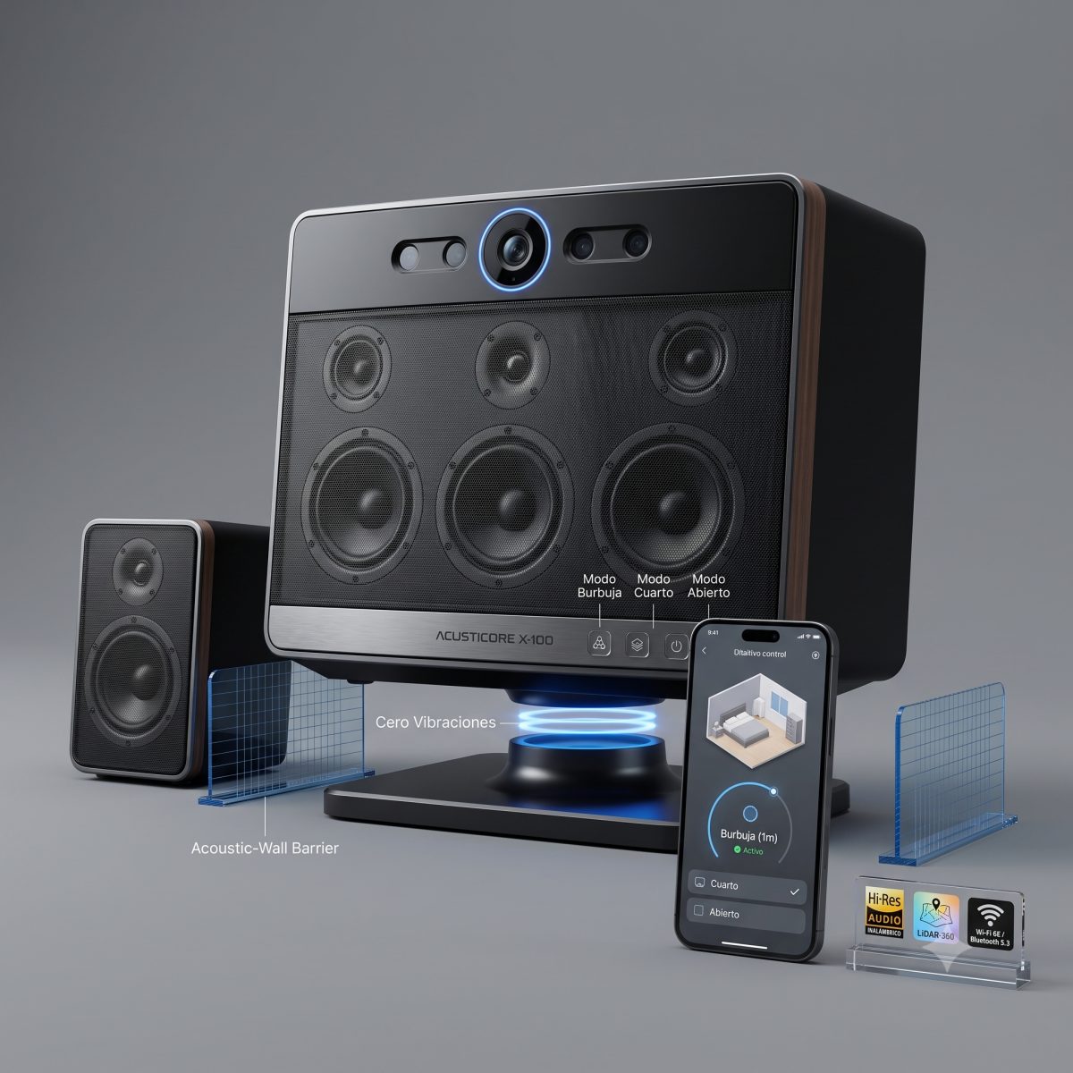 AcustiCore X-100: Bocina de Máxima Potencia con Escudo Acústico Perimetral y Mapeo Láser Espacial - Audio Hi-Res a Volumen Extremo sin Traspasar Paredes (Ideal para Recámaras y Departamentos)